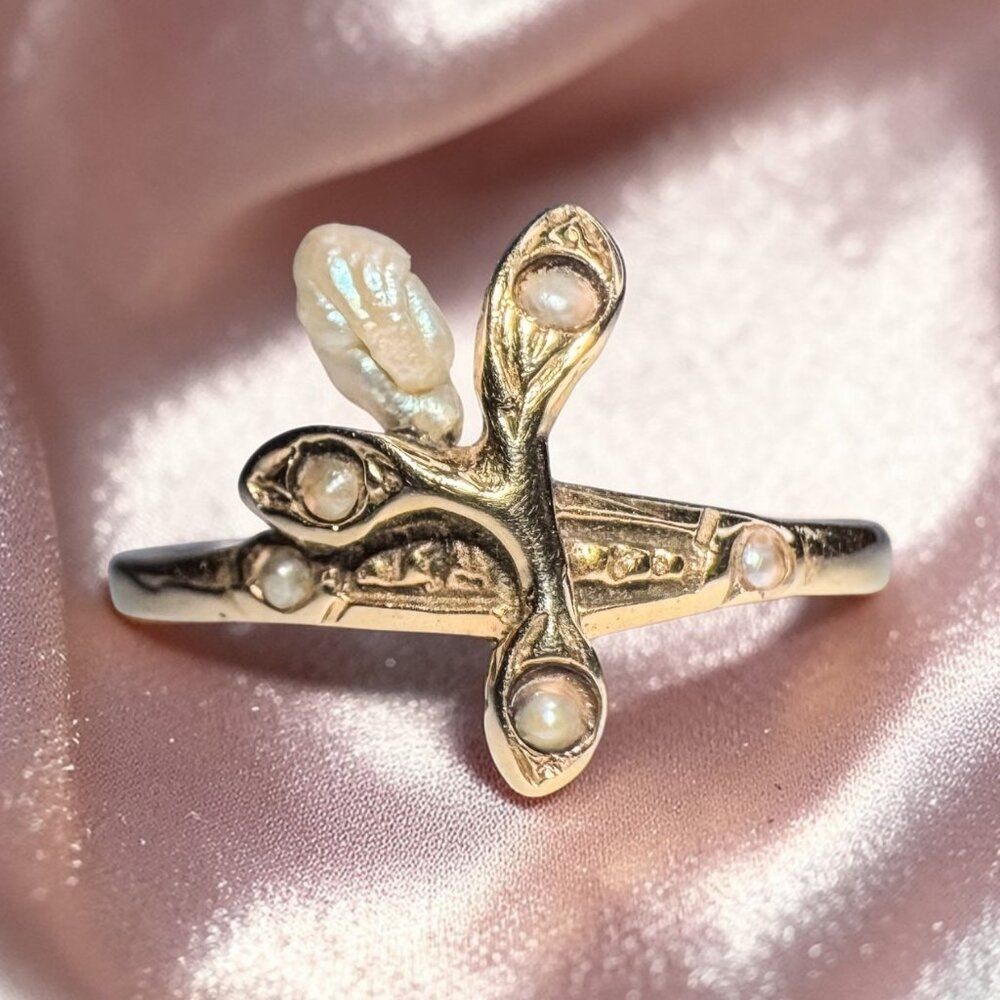 ANTIQUE- Art Nouveau - 14K Gold- Baroque Pearl & Seed Pearl Ring -Size 6.5 -1.2g